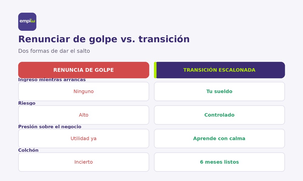 Renuncia inmediata vs. transición escalonada Infografía que compara renunciar de golpe frente a una transición escalonada al emprendimiento