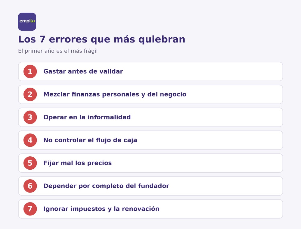 Infografía con los 7 errores que quiebran a un emprendedor en Colombia