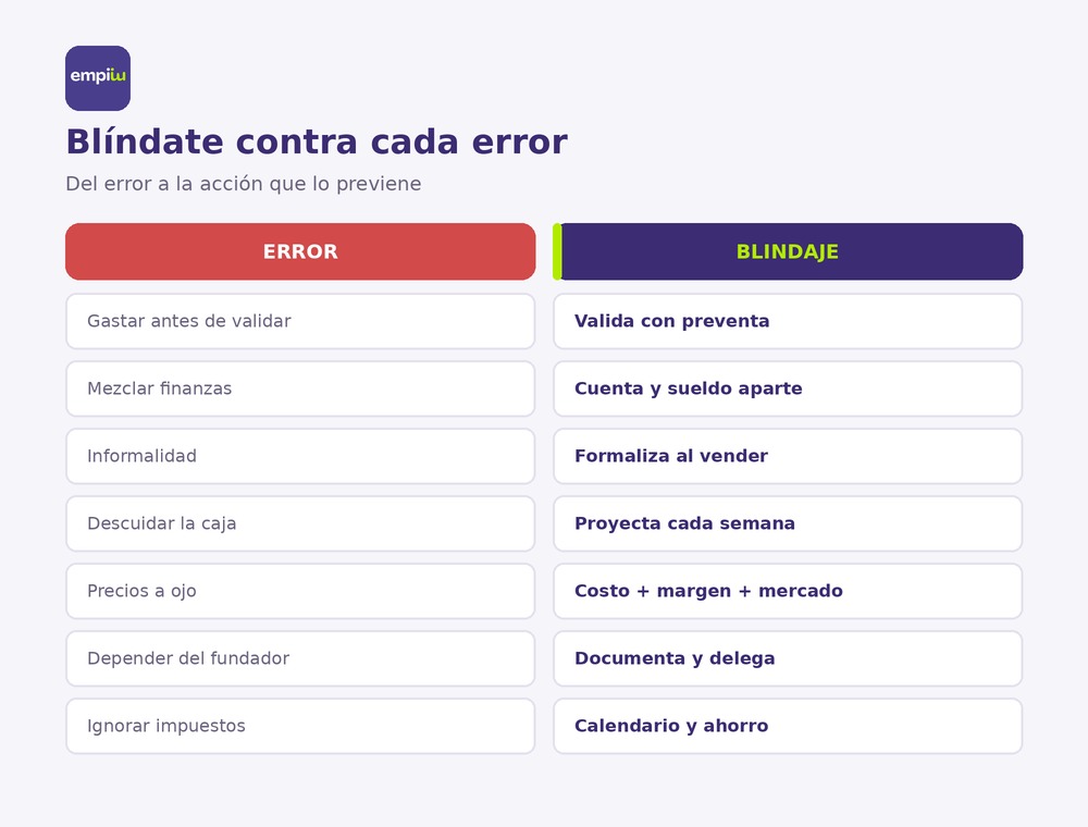 Infografía con el blindaje contra los errores más comunes al emprender